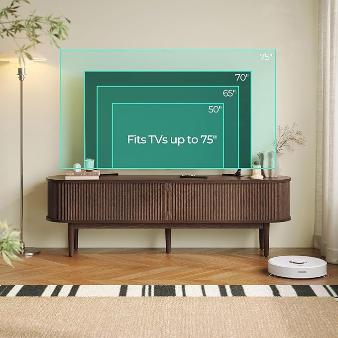 LINSY HOME Fluted TV Stand for 75" TV, Mid-Century Modern 70" Entertainment Center with Sliding Tambour Door and Storage Cabinet, Cruved TV Media Console Table for Living Room, Bedroom, Walnut