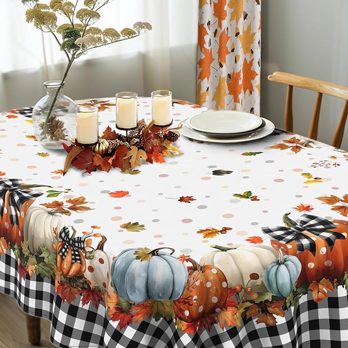 Fall Pumpkin Tablecloth Thanksgiving Autumn Buffalo Plaid Table Cloth 60"x120", Waterproof and Reusable Table Cover for Fall Harvest Party Decoration