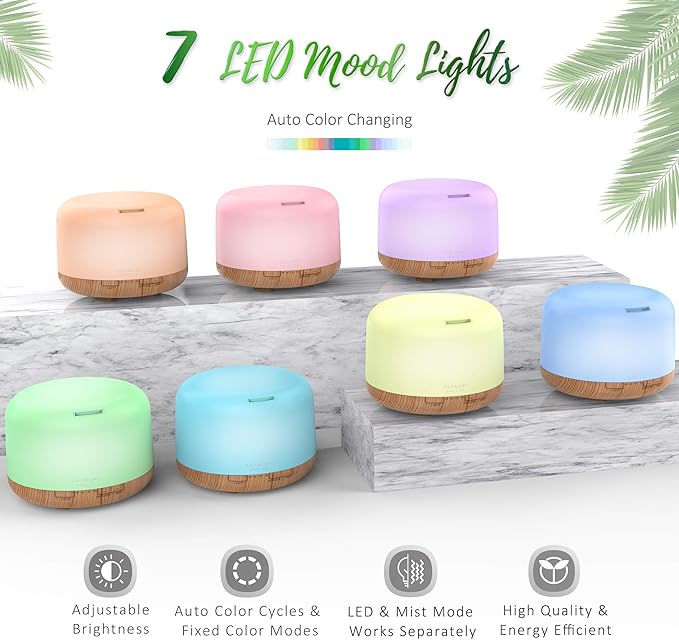 ASAKUKI Oil Diffuser with Essential Oils Set, 500ml Aromatherapy Humidifier with 14 LED Colors & Auto Shut-Off - 6 Oil Gift Pack(Lavender Eucalyptus Tea Tree Orange Peppermint Lemongrass)