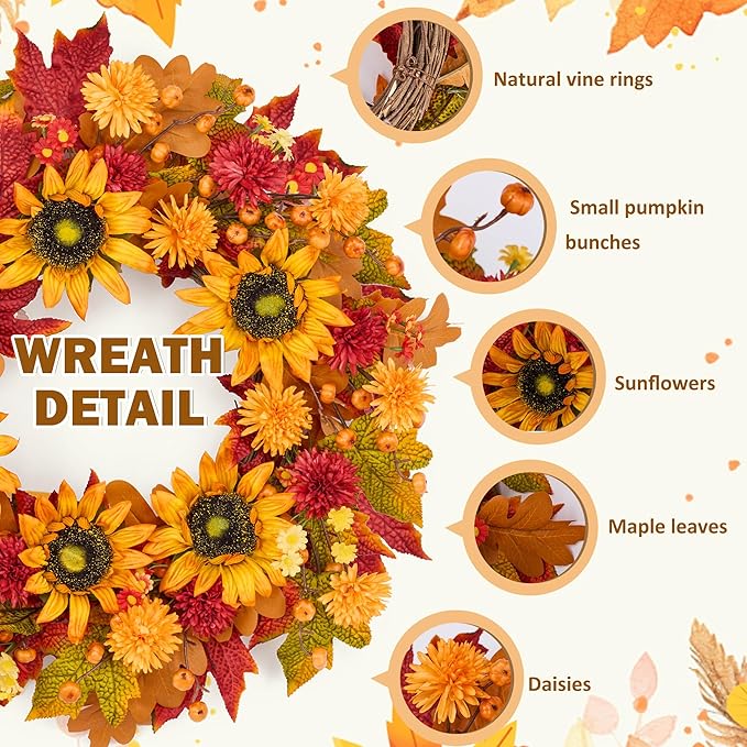 GENMOUS 24 Inch Fall Wreaths for Front Door, with Mini Pumpkin Skewers- Sunflower Wreath, Autumn Fall Decor Maple Leaf Daisy Thanksgiving Halloween Home Party Fall Decoration Indoor Oudoor