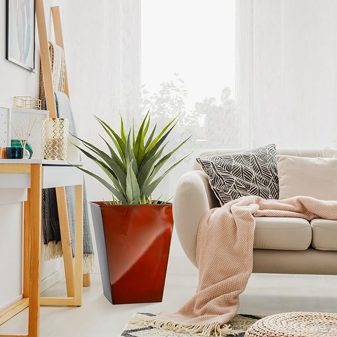 KOL 18''H. Bright Glazed Planter with Drainage Hole, Set of 2, Galvanized Steel Planter Pots for Indoor & Outdoor Use, Decorative Flower Plant Pots for Front Porch, Patio, Deck - Reddish Brown