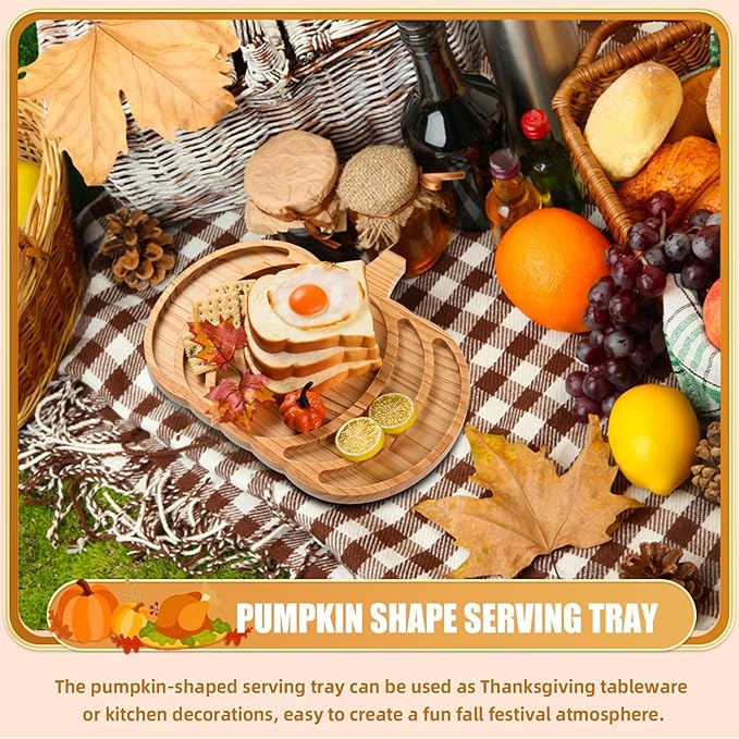 AWIZOM Pumpkin Wooden Serving Platter Thanksgiving Serving Tray Wood Snack Cheese Charcuterie Board Sectional Wooden Pumpkin Dish Plate for Fall Autumn Harvest Halloween Supplies,14.96x11.81x0.79