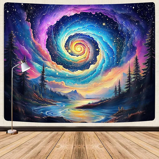 Galaxy Space Tapestry, Cool Colorful Trippy Forest Mountain River Aesthetic Tapestries, Psychedelic Starry Sky Swirls Misty Fantasy Landscape Tapestry Wall Hanging College Bedroom for Guys Men 60X40