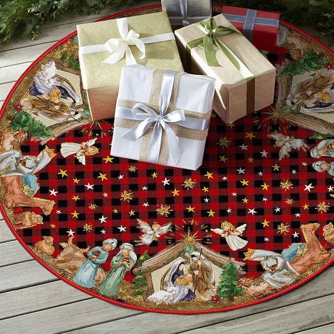 AVOIN colorlife Buffalo Plaid Christmas Tree Skirt 48 Inch, Winter Holiday Tree Decoration