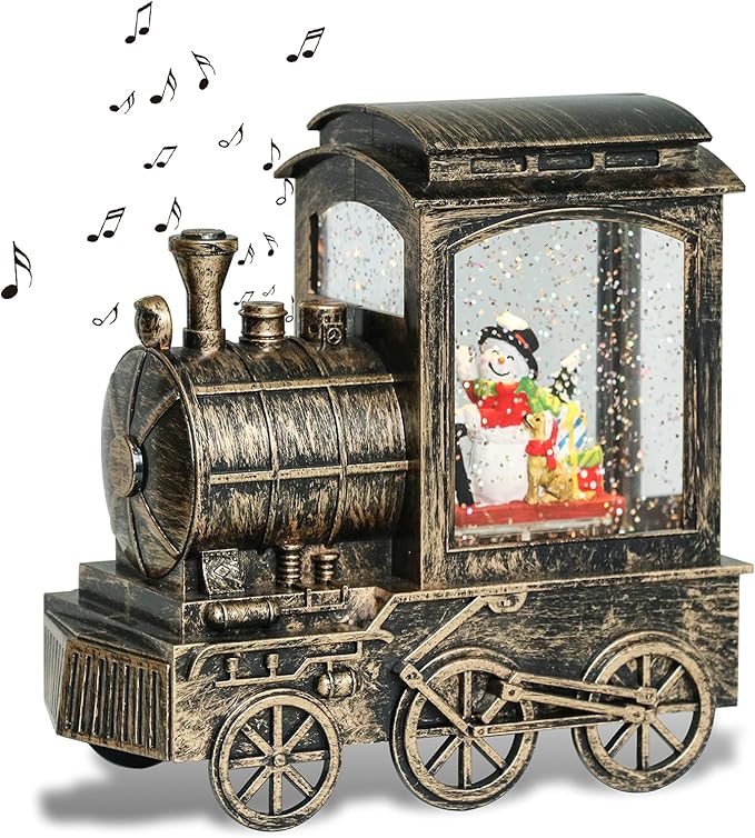 GenSwin Christmas Snow Globe Lantern Train Water Swirling Glitter with 6H Timer, Musical LED Lighted Battery Operated Snowman Scene for Christmas Home Decoration and Gift(Copper)