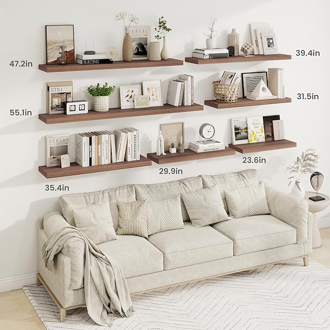 Fun Memories 48 Inch Deep Floating Shelves for Wall, 2 Pack of Long Wall Mounted Wood Shelves with Invisible Brackets for Bathroom, Bedroom, Living Room, Kitchen Decor and Storage, Walnut