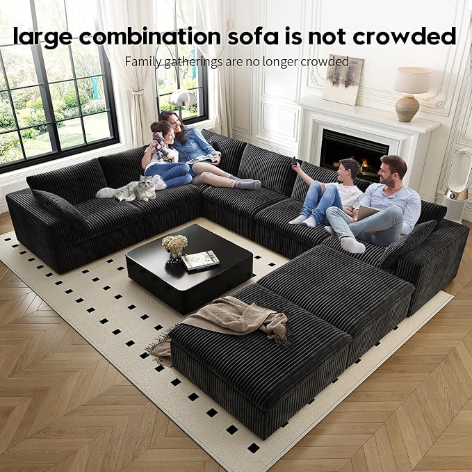 157.5" Cloud Couch Oversized Modular Sectional Sofa for Living Room,Modern Sofa with Deep Seat，8 Seater Boneless Couch with 2 Ottoman,Comfy Upholstered Couches for Apartment, Studio, Office,Black