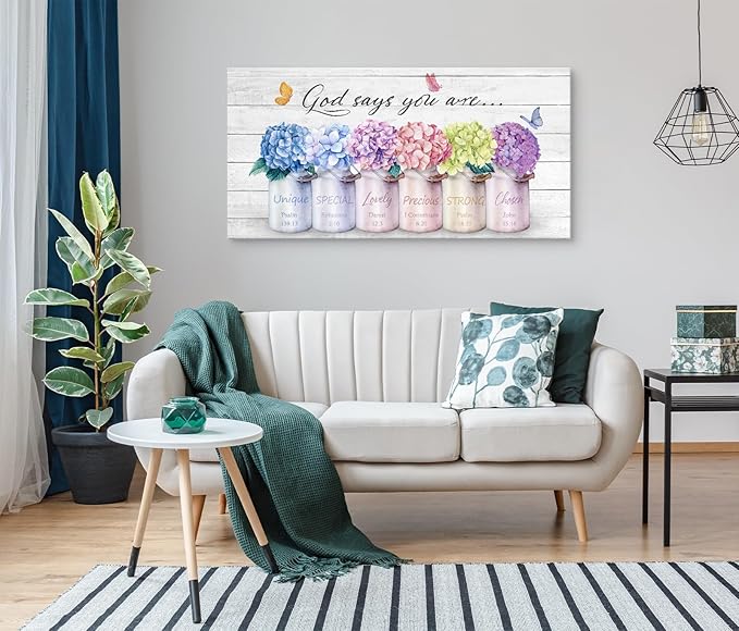 Cao Gen Decor ArtH43075 Inspirational Bible Verse Wall Art: God Says You Are Wall Sayings Flowers in Mason Jar Picture Print Christian Gift Quotes Poster for Women Girl Bedroom Home Decor Artwork