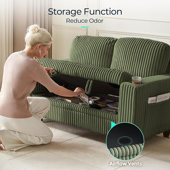 LINSY HOME Loveseat Sofa with Storage - Comfy Plush Corduroy 2 Seater Sofa with USB Charging & Cup Holders, Deep Seat Love Seat for Small Spaces Living Room Bedroom Apartment, Green