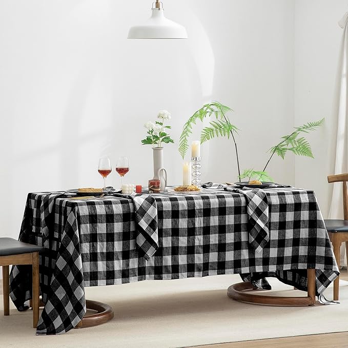 EVERLY 100% Yarn-Dyed Linen Rectangle Tablecloths 60x108Inches for Dining,Buffet Parties,Picnic,Events and Restaurants,Decorative Halloween,Thanksgiving Machine Washable Tablecloths-Black Plaid