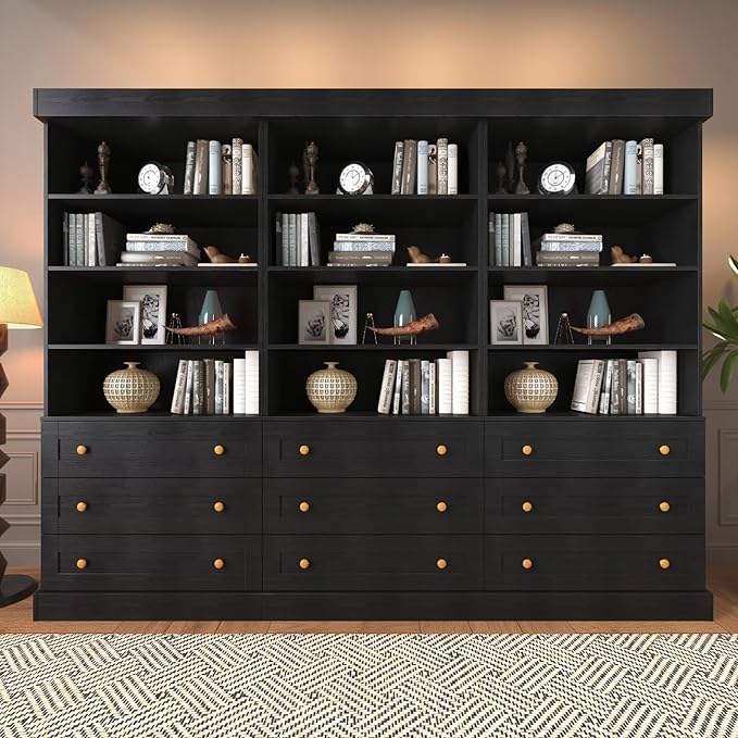 Vyre 71" Tall Farmhouse Bookshelves with Drawers, Set of 3 – Large Modular Bookcase with Adjustable Shelves, Storage Cabinet for Living Room, Kitchen, Home Office, Black
