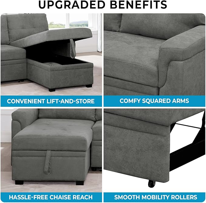 Naomi Home L-Shaped Reversible Sectional Sofa with Pull-Out Sleeper Bed and Storage Chaise, Gray Velvet