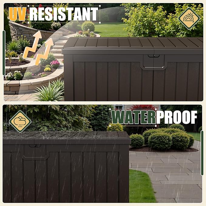 JUMMICO 250 Gallon Outdoor Resin Deck Box with Divider, Waterproof Storage Box with Lockable Lid&Side Handles for Garden Tools, Pools Supplies (Brown)