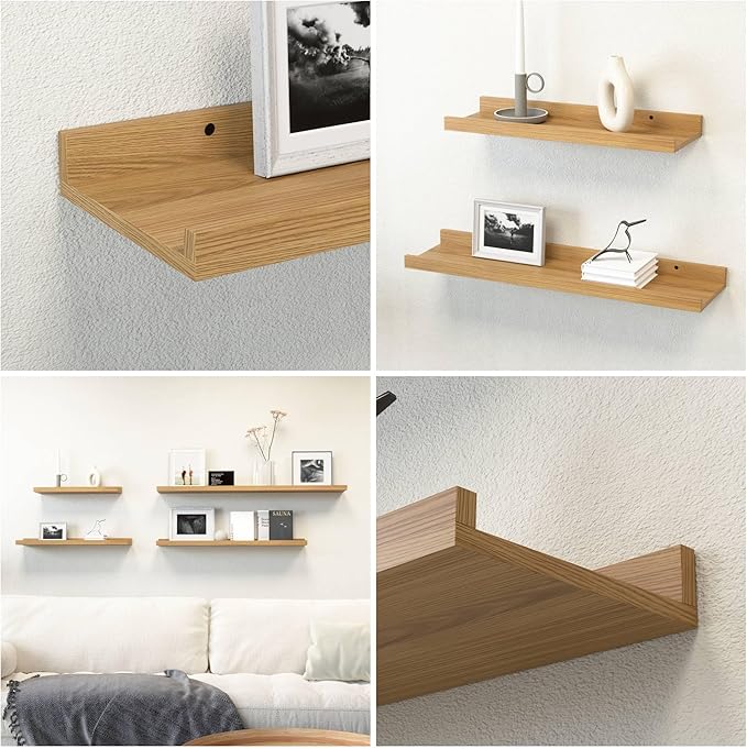 RICHER HOUSE 5 Set Floating Shelves for Wall Decor, Wall Mounted Book Shelf, Nursery Shelves Picture Ledge Shelf with Lip for Wall Storage, Bedroom, Living Room, Bathroom - Oak
