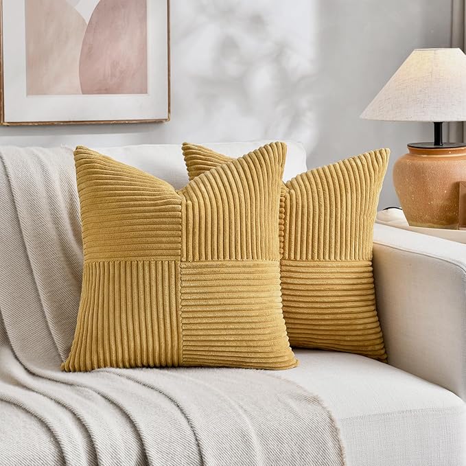 Fancy Homi 2 Packs Mustard Yellow Samll Decorative Throw Pillow Covers 12x12 Inch with for Couch Bed Sofa, Rustic Farmhouse Boho Home Decor, Soft Corss Patchwork Corduroy Square Cushion Case 30x30 cm