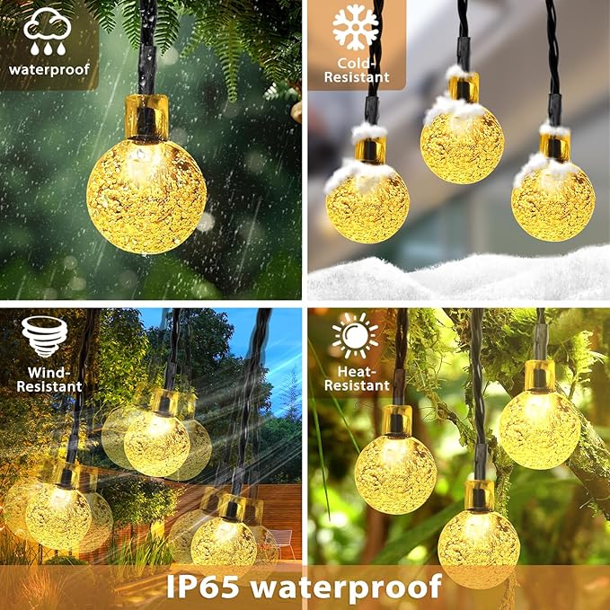 Outdoor Solar String Lights, 2x46FT 66LED 8Modes Crystal Solar Powered Christmas Fairy String Lights Waterproof for Outside Yard Fence Easter Holiday Party Garden Decor 2Pack(Warm White)