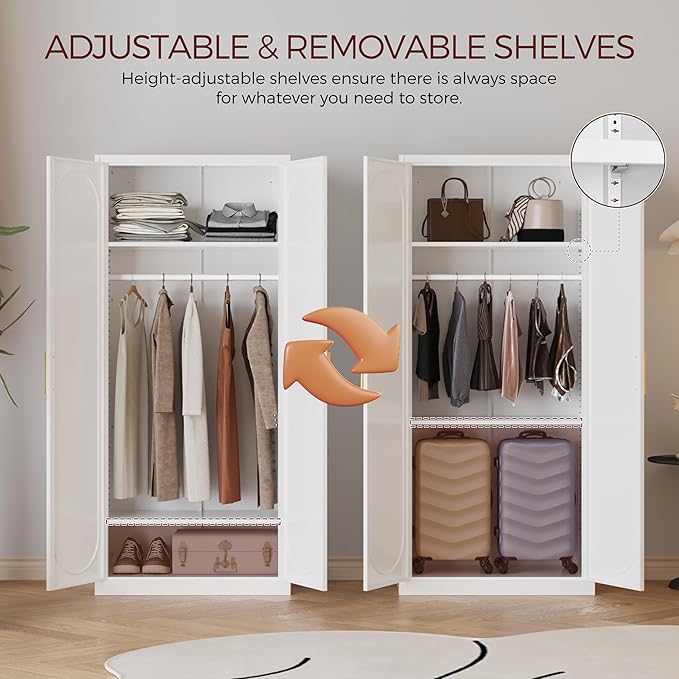 71" White Wardrobe Closet with 2 Doors, Metal Armoire Wardrobe Cabinet with Hanging Rod and Adjustable Shelves, Clothing Storage Cabinets for Bedroom, Laundry Room, Home Office