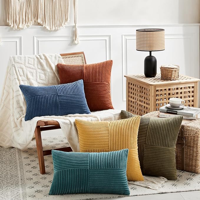 Fancy Homi 2 Packs Olive Green Euro Decorative Throw Pillow Covers 26x26 Inch for Living Room Couch Bed, Rustic Farmhouse Boho Home Decor, Soft Corss Corduroy Patchwork Textured Cushion Case 66x66 cm