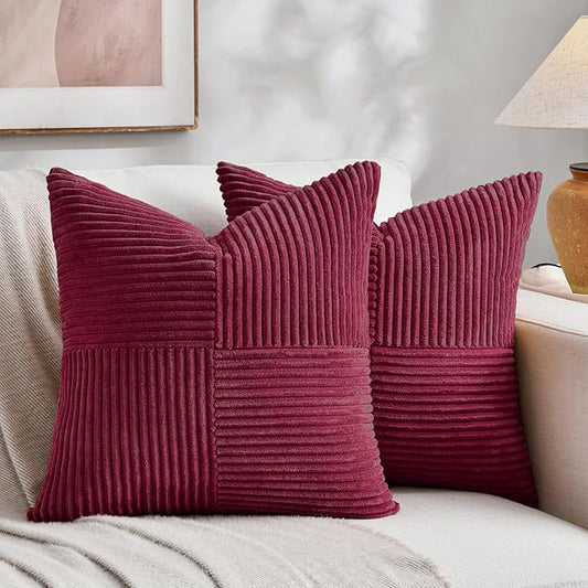 Fancy Homi 2 Packs Burgundy Big Decorative Throw Pillow Covers 24x24 Inch for Living Room Couch Bed Sofa, Rustic Farmhouse Boho Home Decor, Soft Corss Corduroy Patchwork Accent Cushion Case 60x60 cm