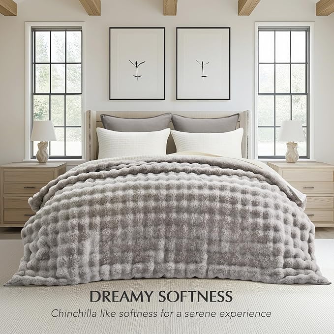 EVERGRACE Ultra Soft Luxury Fluffy Ridgeline Faux Rabbit Fur Throw Blanket, Thick Warm Fuzzy Blankets for Winter, Cozy Plush Reversible Blanket for Couch, Bed, Sofa, Taupe, 80x90 Inches, 870 GSM