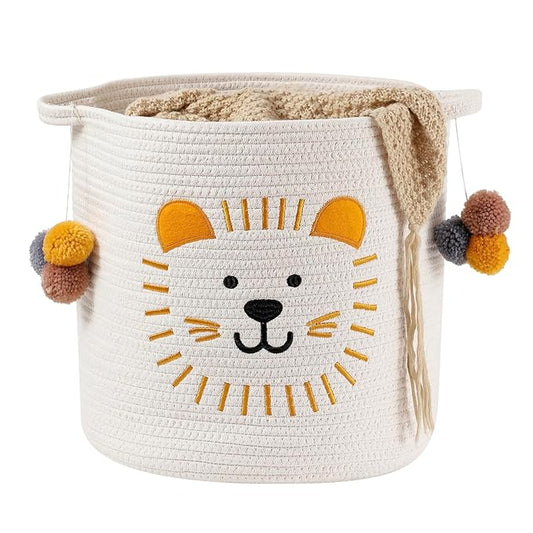Large Blanket Baskets for Living Room Decor, Toy Storage Baskets Woven Cotton Rope Animal Storage Basket for Kids, Dog Toys Organizer Clothes Hamper with Embroidery Decor for Nursery (Large, Lion)
