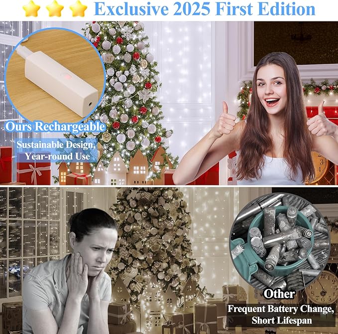 66FT(33 * 2) Rechargeable String Lights Battery Operated, Fairy Lights with Timer, Mini LED Twinkle Lights for Bedroom, Christmas Decorations, Wedding, Vine, Centerpiece Table Decor Cool White