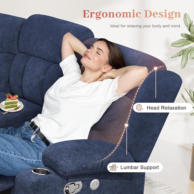 Loveseat Recliner Sofa, 2 Seater Curved Sofa for Living Room, Fabric Manual Pull Tab Reclining Loveseat with Storage Console, Recliner Loveseat Couches with USB Charge Ports, Cup Holders, Blue