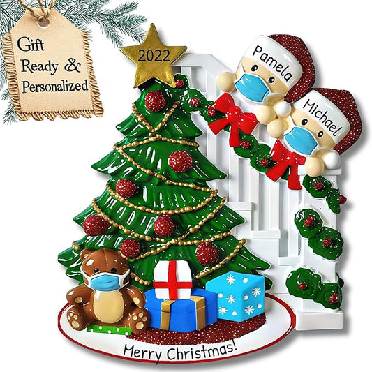 3D Personalized Our First Christmas Ornament 2025 | Peeking Over Staircase Couple Ornaments in Mask Couples Ornament 2025 Family of 2 Unique for a Couple Ornaments Couples Gifts