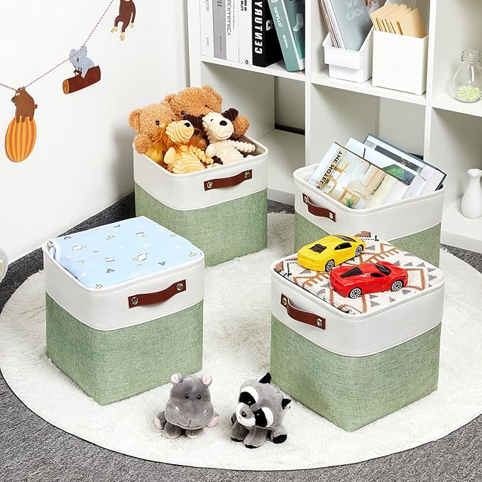 DULLEMELO Storage Baskets for Organizing, Fabric Storage Cubes for Dog Toy Box, 11 Inch Decorative Cube Storage Bins with handle for Baby Gift Basket(4 Pack - 11" White&Green)