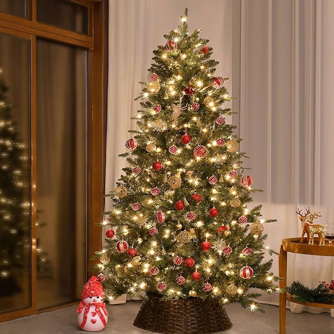 6.5 FT Pre-Lit Artificial Christmas Tree with 1706 PE&PVC Mixed Branch Tips, 450 Warm White Lights, Hinged Premium Spruce Fake Xmas Trees, Green, Foldable Base