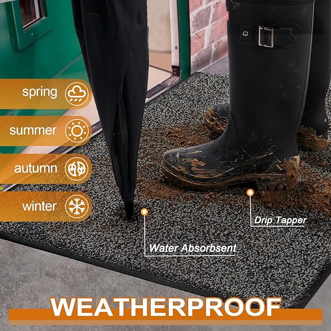 Mibao Front Door Mat, Dirt Trapper Welcome Mat for Outdoor Indoor, Non-Slip Waterproof Doormat, Durable Machine Washable Low Profile Entry Rug for Back Door Outside Patio Porch, 36" x 24", Grey