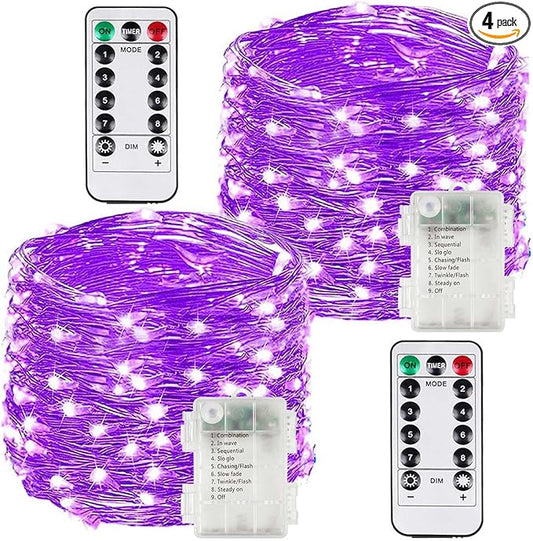2 Pack 100LED Battery Operated Fairy Lights with Remote, 8 Modes LED String Lights with Timer, Dimmable, Memory Function, Waterproof Twinkle Lights for Outdoor Indoor Christmas Decor(Purple)