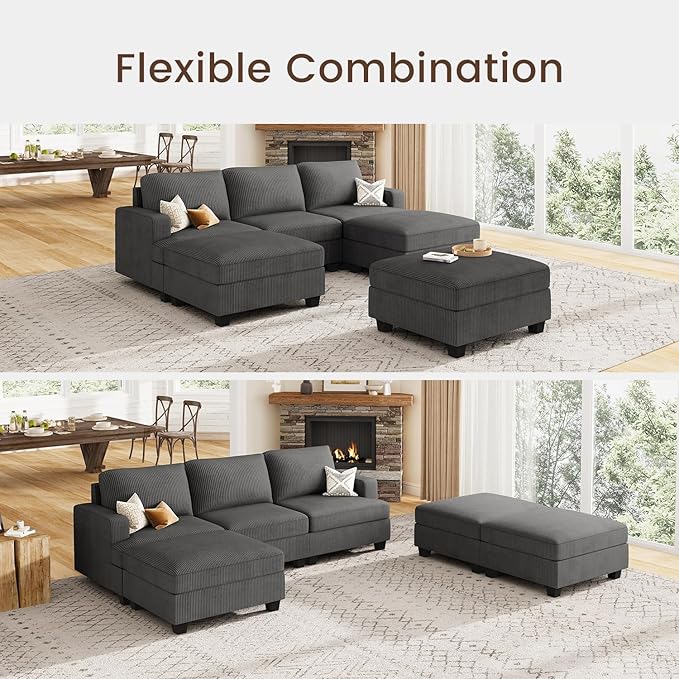 Nolany Corduroy Sectional Couch with Storage Ottoman, Sleeper Sectional Sofa with Chaise, Modular Sectional Couches for Living Room, Dark Grey