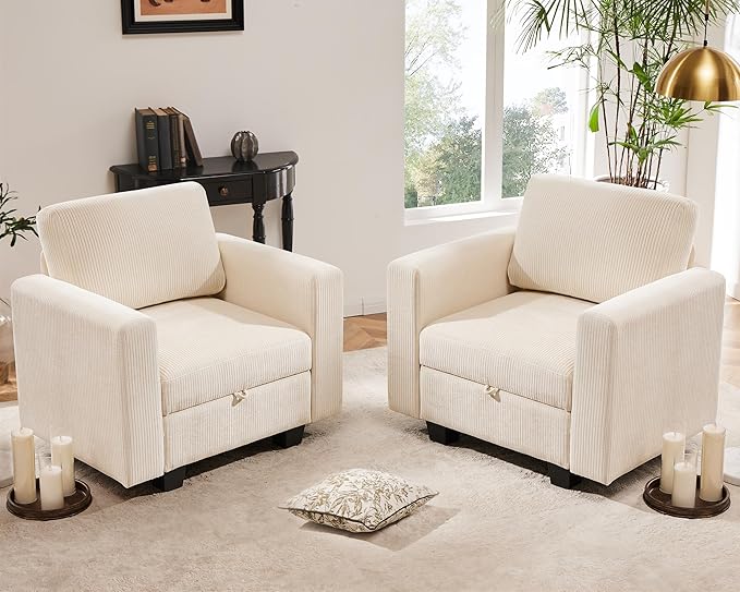 38.5 Oversized Accent Chair with Storage Ivory Corduroy, Single Modern Accent Sofa Chair with Arms for Apartment Living Room (21" Deep Seat)