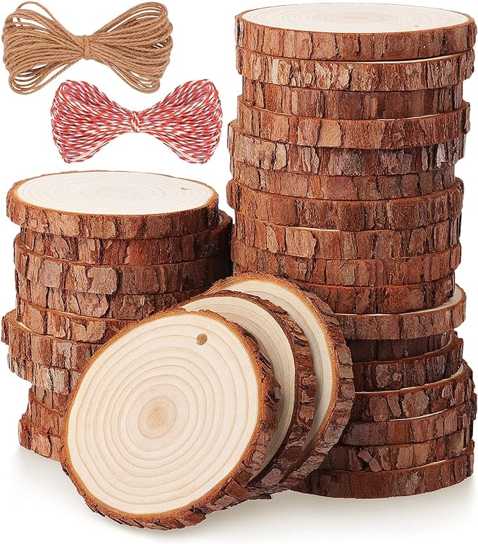 Fuyit Natural Wood Slices, 30 Pcs 3.1-3.5 Inch Unfinished Predrilled Wooden Circles Tree Slice with Hole for DIY Arts Craft Christmas Ornaments