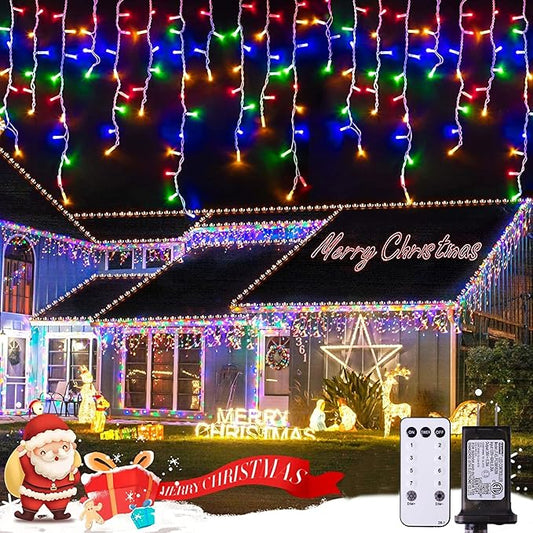 JMEXSUSS 400 LED 38.8Ft Icicle Christmas Lights With Remote - Outdoor Multicolor String Lights Plug in, 8 Mode for Outside Indoor House Yard Patio Eave Decorations
