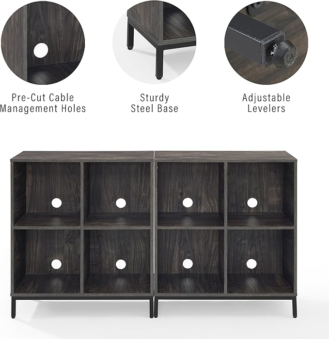 Crosley Furniture Jacobsen 2-Piece Vinyl Record Storage Cube Bookcase Set and Record Player Stand, Brown Ash