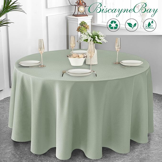 Biscaynebay Round Tablecloth 90 Inch-Sage Outdoor Fabric Table Cover-Small Circle Folding Table Cloths Linen Water Resistant Washable for Kitchen Dining Picnic Patio Outdoor Party Restaurant Tables