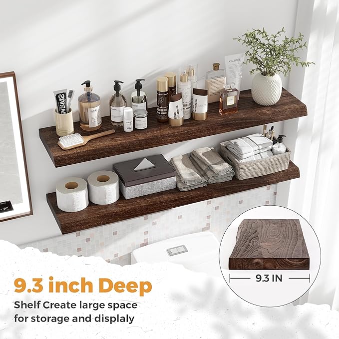RICHFOCUS Live Edge Elm Floating Shelves - 40" W x 9.3" D Rustic Solid Wood Wall Shelves with Invisible Bracket, Wall-Mounted for Living Room, Bedroom, Kitchen Storage & Display, Set of 2, Walnut