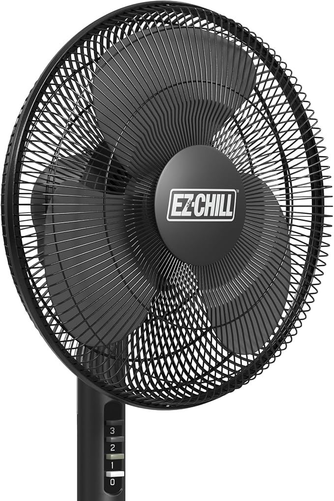 EZ-CHILL 16” Oscillating Pedestal Fan, 3-speed Options, 90-Degree Oscillating Head, Adjustable Height and Tilt, Powerful Air Flow, Black, MTFS-16B-BLK