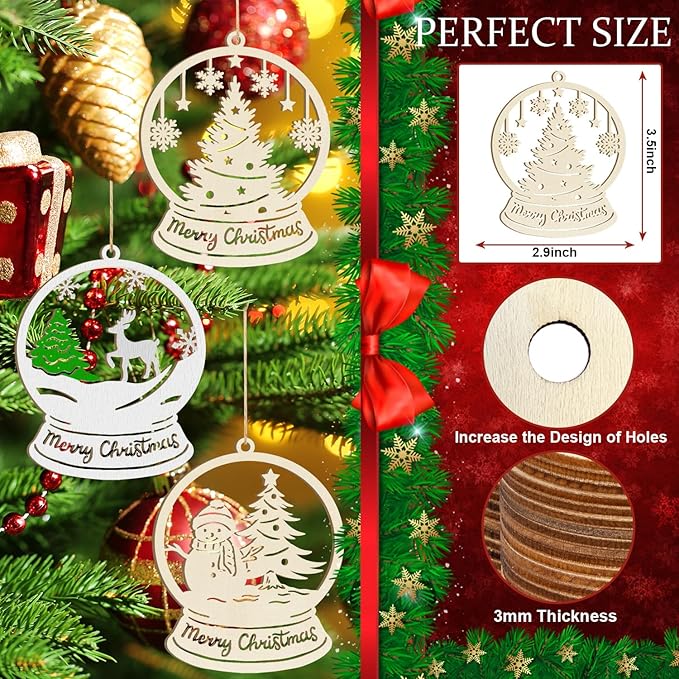 36PCS Wooden Hollow Christmas Ornaments for Paint Christmas Tree Decorations 6 Styles, DIY Blank Unfinished Wood Reindeer Santa Claus Snowman Snowflake Angle Cutouts for Crafts Winter Hanging Decora