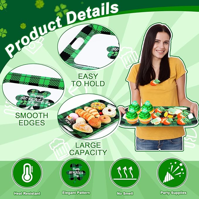 gisgfim 2Pcs St. Patrick's Day Serving Trays with Handle 16 x 11 Inch Large Melamine Rectangular Buffalo Plaid Serving Platter Tray Lucky Shamrock Melamine Dishes for Serving Food Outdoor Party