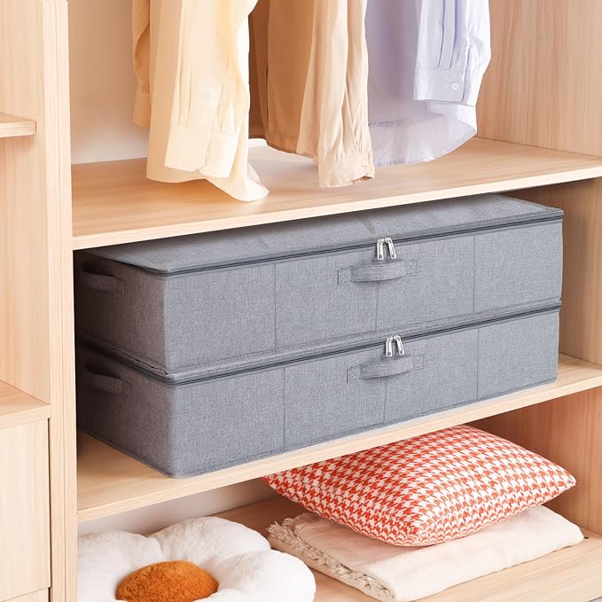 Under the Bed Storage Bins, 31.5 x 15.7 x 5.9 Inch Closet Organizers with Reinforced Handles for Blanket, Sheets, Pillows, Towels, Shoes, Grey, 2 Pack