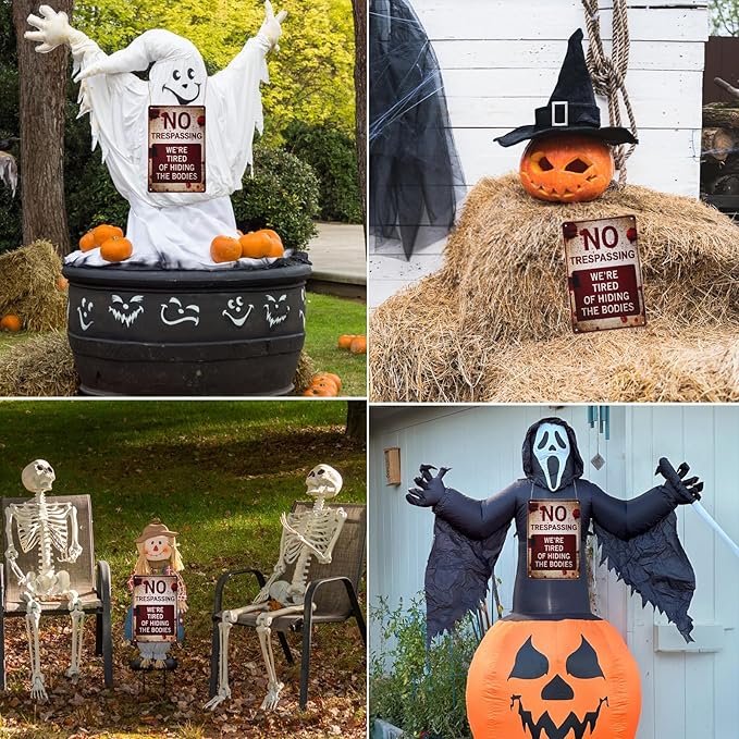 Halloween Decorations Metal Tin Sign for Outdoor Yard, Garage Wall, Rustic Vintage No Trespassing We're Tired of Hiding The Bodies, 7.8x11.8in