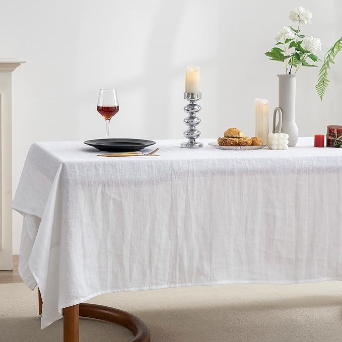 EVERLY 100% Pure Linen Rectangle Tablecloths 60x84Inches for Dining, Buffet Parties, Picnic,Events, Weddings and Restaurants, Decorative Halloween, Thanksgiving Machine Washable Tablecloths-White