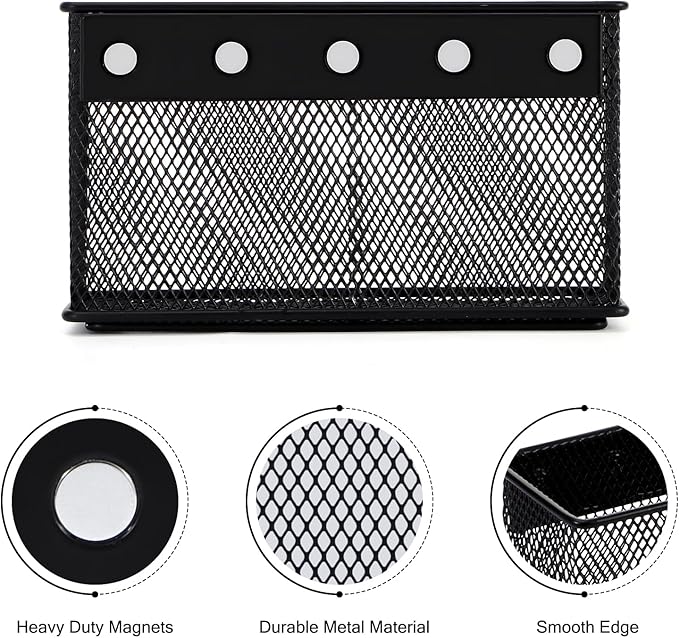 Wire Mesh Storage Baskets Organizer Set of 2 Black Magnetic Basket with 5 Strong Magnets Magnetic Organizer Holder for Refrigerator Locker Whiteboard Office, 6.29'' × 2.28'' × 3.54''