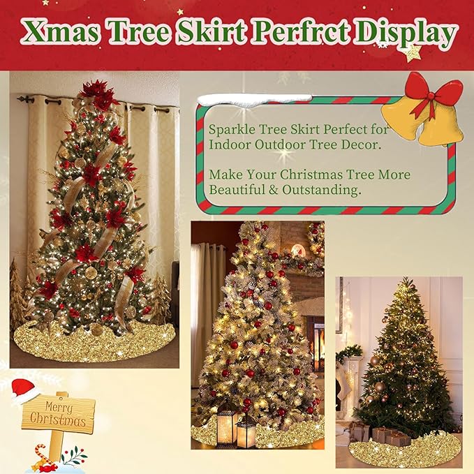 Gold Christmas Tree Skirts 21 Inches Metallic Tree Cover Skirt Personalized Christmas Tree Mat Ornament Rustic Round Small Xmas Tree Skirts for Holiday Festival Home Christmas Indoor Decoration