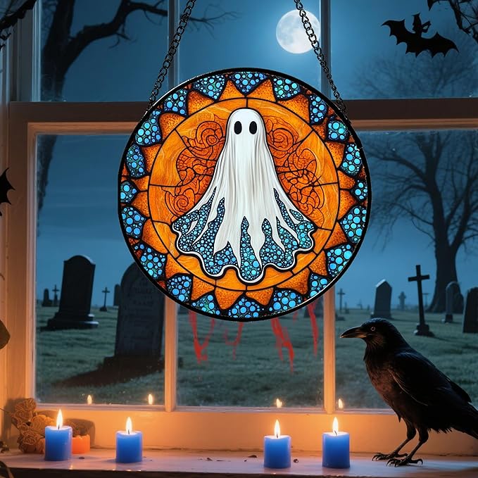 Stained Glass Window Hanging - Halloween Decorations White Ghost Suncatcher for Doors Garden Indoor Spooky Funny Blue Sun Catchers Gothic Decor Horror Gifts for Women Men Friend 7.8 in