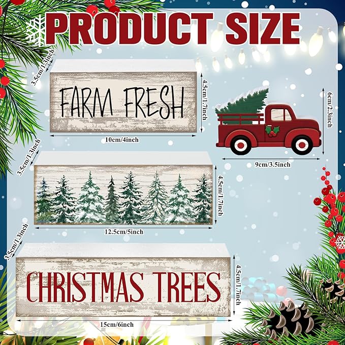 4 Pcs Christmas Decor Wooden Red Truck Winter Tiered Tray Decor Rustic Merry Christmas Table Centerpiece Wood Red Truck Block Sign Gift Farmhouse for Home Kitchen Tabletop Office Shelf