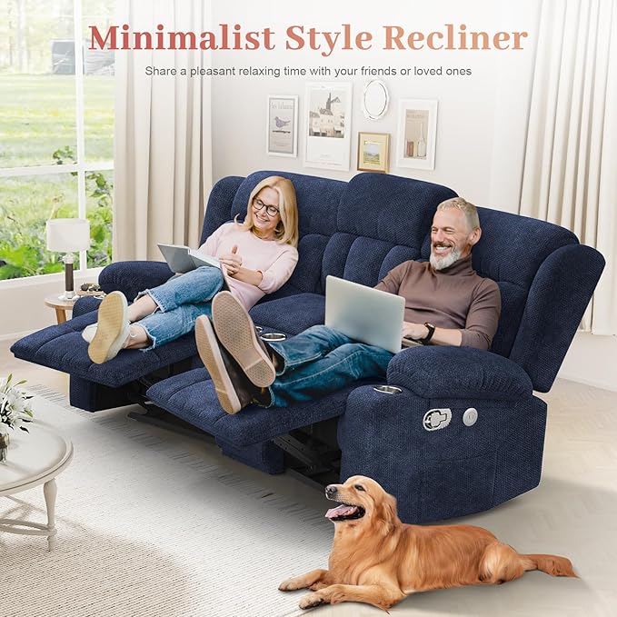 Recliner Sofa Set with 2+1+1 Pieces, Fabric Manual Pull Tab Reclining Loveseat with Storage Console, Single Recliner Chair for Living Room, RV, Blue